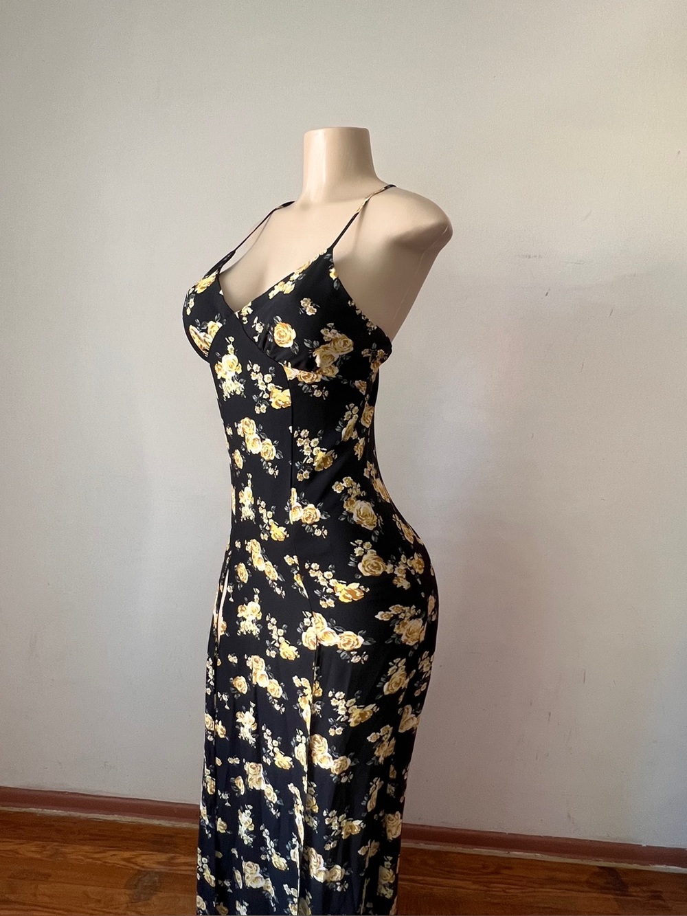 Black & Yellow Floral Slip Dress With Slits